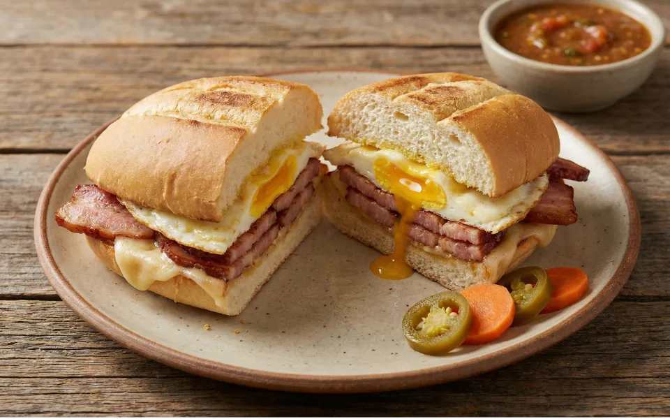Breakfast Torta with bacon, eggs, and cheese on a roll